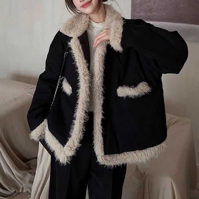 Moon City-Collared Fluffy Trim Plain Jacket