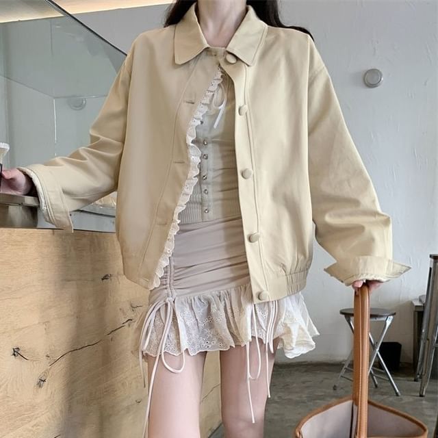 Moon City-Collared Plain Button Up Jacket