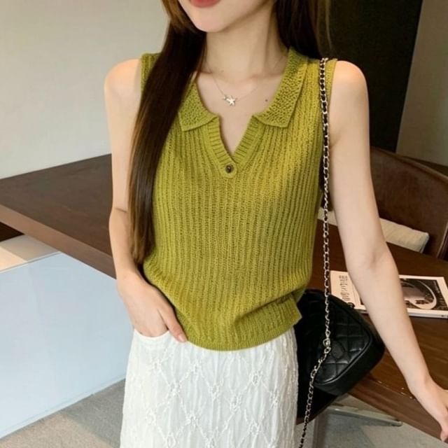 Moon City-Collared Plain Knit Tank Top