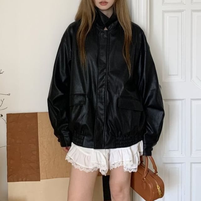 Moon City-Collared Zip-Up Plain Faux Leather Jacket