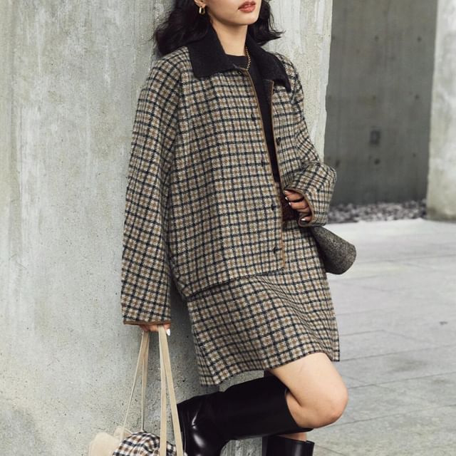 Moon City-Contrast Collar Plaid Button-Up Wool Jacket High Waist Mini A-Line Skirt