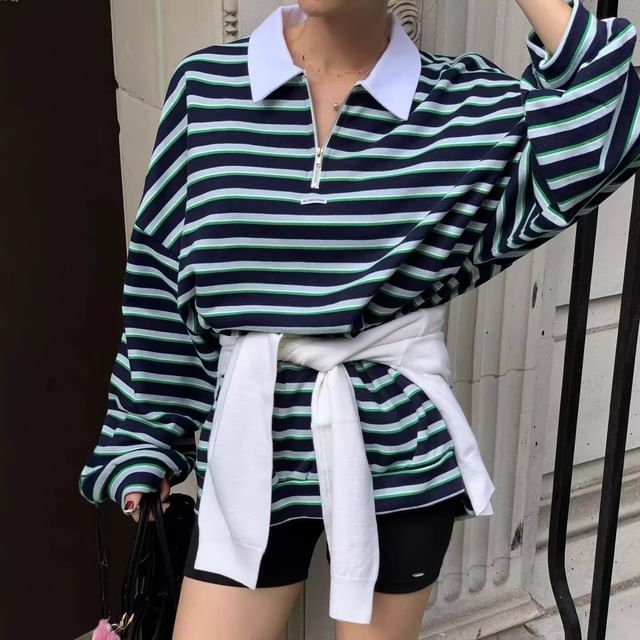 Moon City-Contrast Collar Striped Half-Zip Sweatshirt