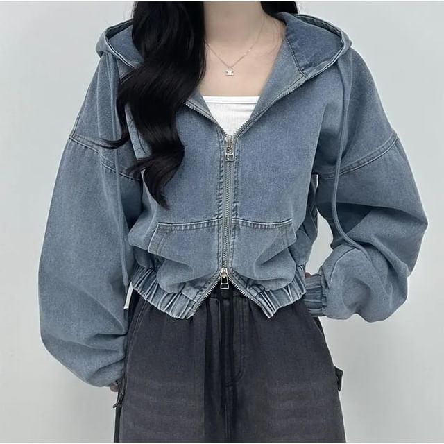 Moon City-Denim Hooded Zip-Up Jacket