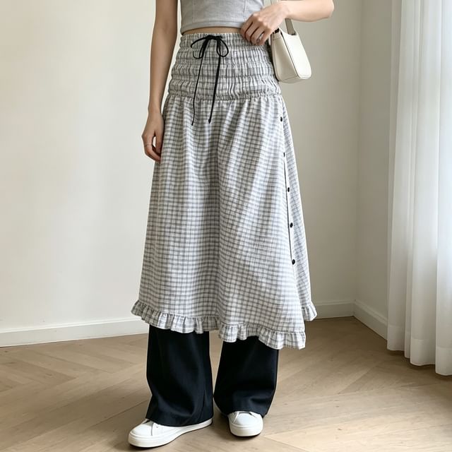 Moon City-Drawstring High Waist Plaid Buttoned Side Frill Trim Ruffle Hem Midi A-Line Skirt