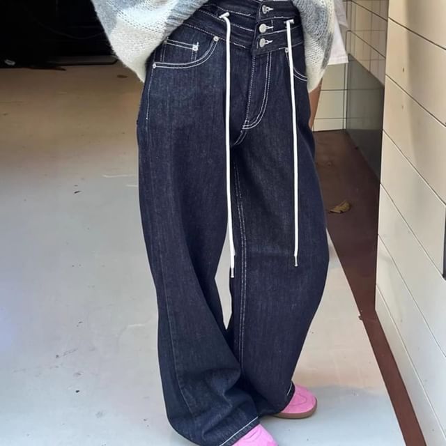 Moon City-Drawstring High Waist Wide Leg Jeans