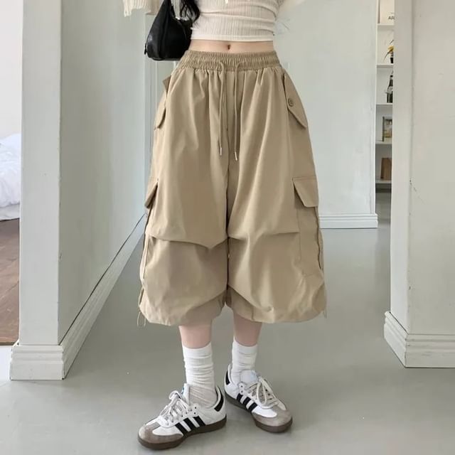 Moon City-Drawstring Waist Plain Capri Wide Leg Cargo Pants