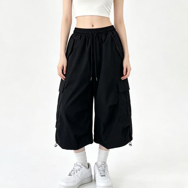 Moon City-Drawstring Waist Plain Cargo Wide Leg Capri Pants