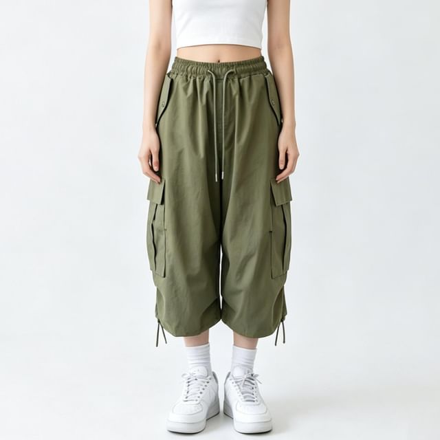 Moon City-Drawstring Waist Plain Cargo Wide Leg Capri Pants