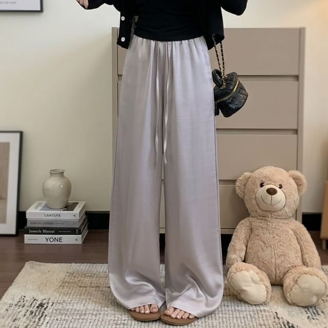 Moon City-Drawstring Waist Plain Wide Leg Pants