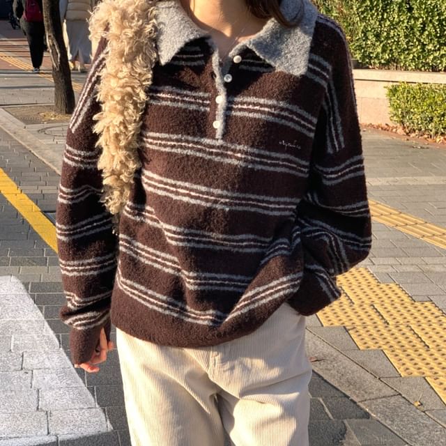 Moon City-Drop Shoulder Striped Oversized Polo Sweater