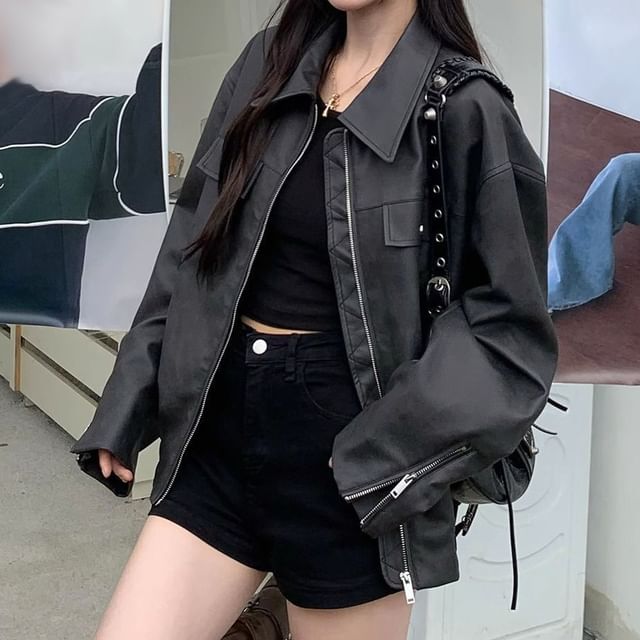 Moon City-Faux Leather Collared Zip-Up Jacket