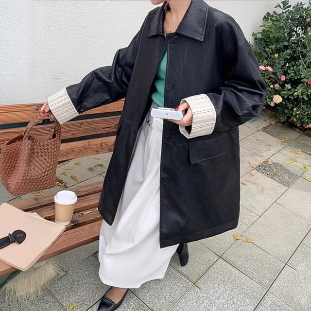 Moon City-Faux Leather Collared Zip-Up Long Coat