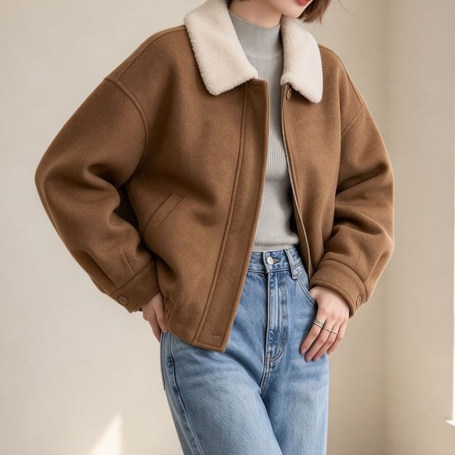 Moon City-Fleece Collar Zip-Up Plain Jacket