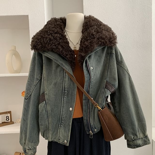 Moon City-Fluffy Collared Washed Denim Zip Jacket