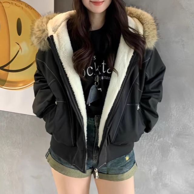 Moon City-Furry Trim Hooded Zip-Up Jacket