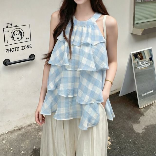Moon City-Halter Neck Plaid Ruffle Tiered Top