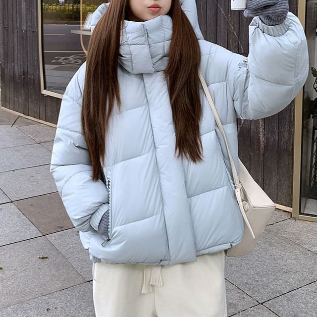Moon City-High Neck Hooded Zip-Up Puffer Jacket