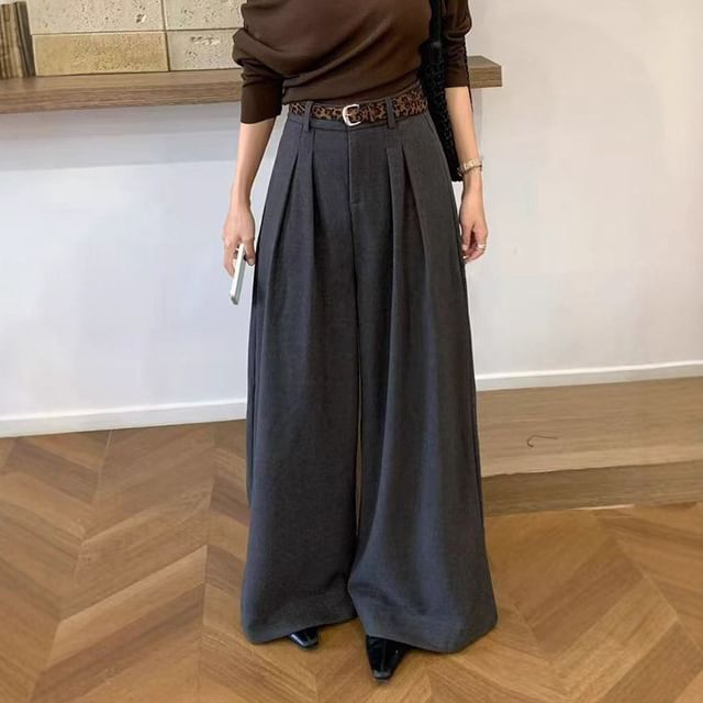 Moon City-High Rise Plain Wide Leg Slacks