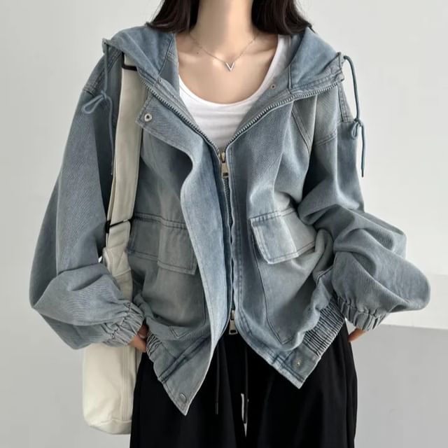 Moon City-Hooded Drop Shoulder Washed Denim Zip Jacket