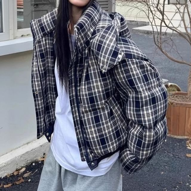 Moon City-Hooded Plaid Zip-Up Padded Jacket