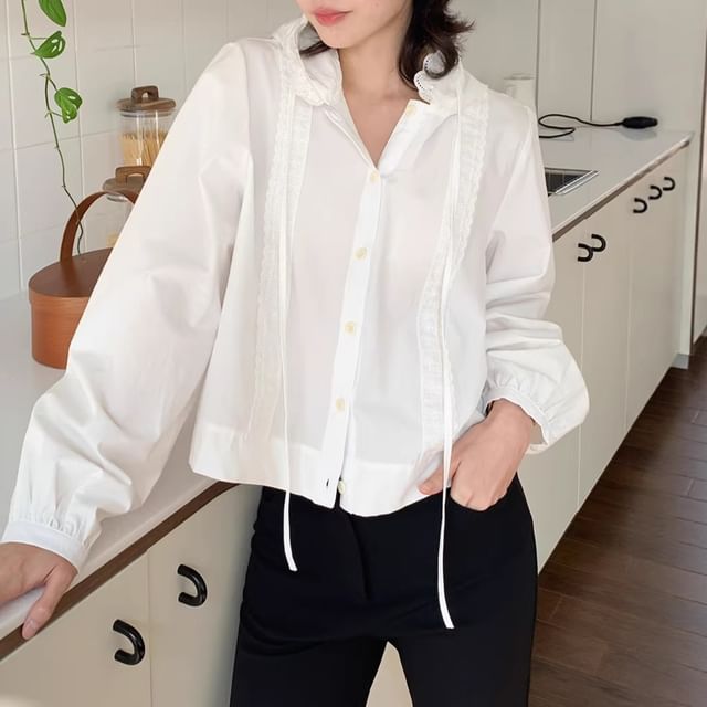 Moon City-Hooded Plain Lace Trim Button Up Blouse