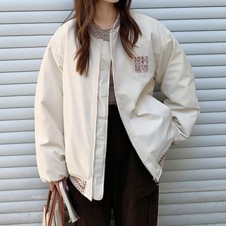 Moon City-Jacquard Zip-Up Padded Bomber Jacket