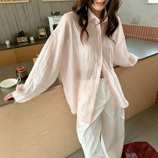 Moon City-Long-Sleeve Button-Up Plain Sheer Shirt