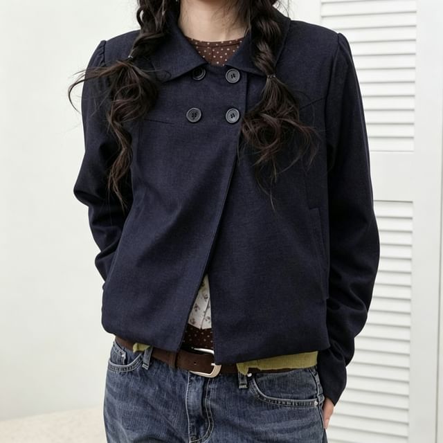 Moon City-Long-Sleeve Collared Double Breasted Plain Coat