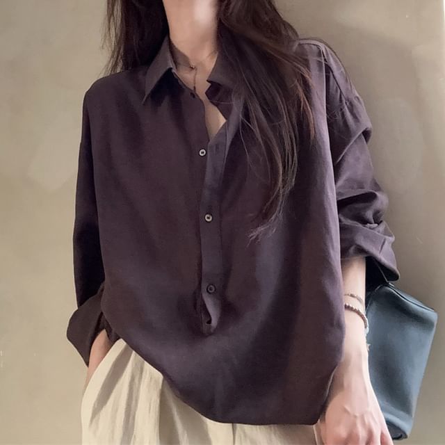 Moon City-Long-Sleeve Collared Half-Buttoned Plain Blouse