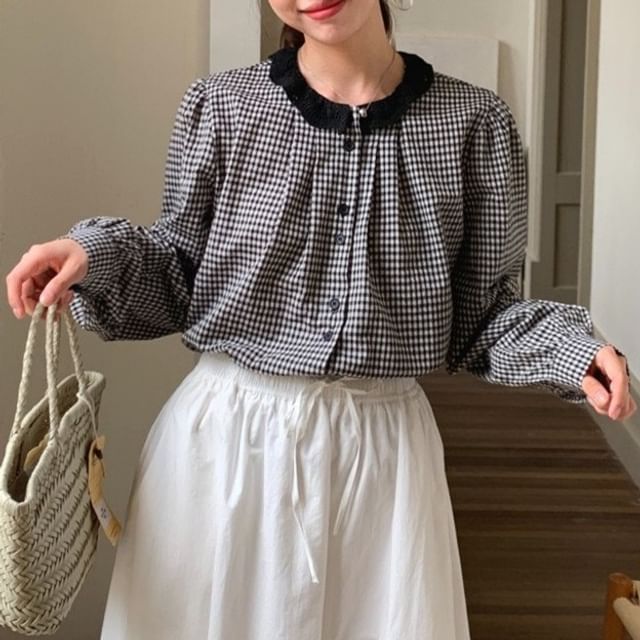 Moon City-Long Sleeve Collared Plaid Blouse