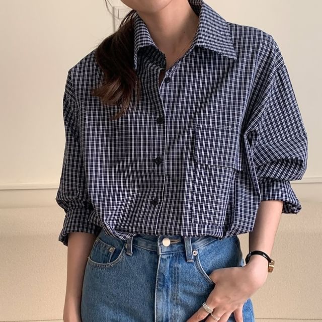 Moon City-Long Sleeve Collared Plaid Shirt