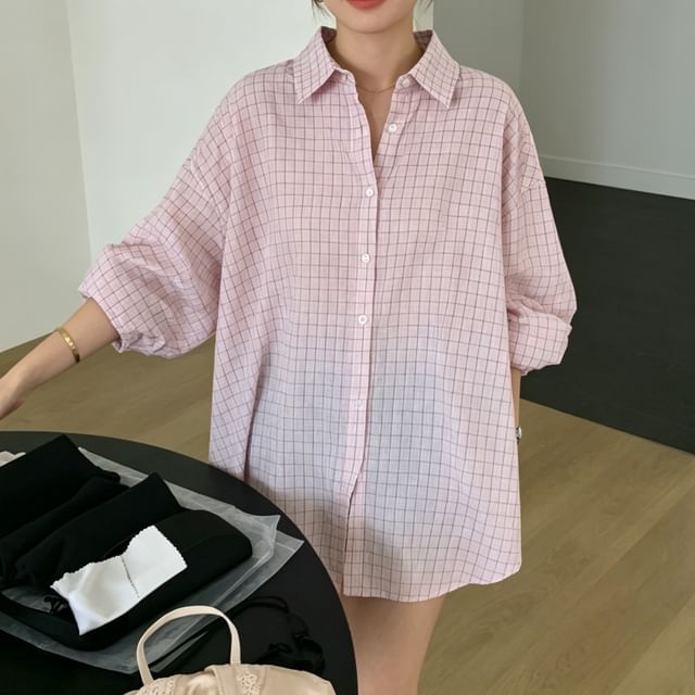 Moon City-Long Sleeve Collared Plaid Shirt