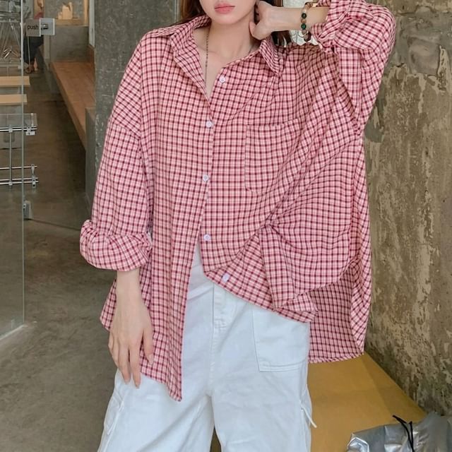 Moon City-Long Sleeve Collared Plaid Shirt