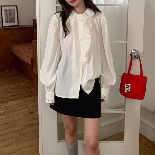 Moon City-Long Sleeve Collared Plain Ruffle Blouse