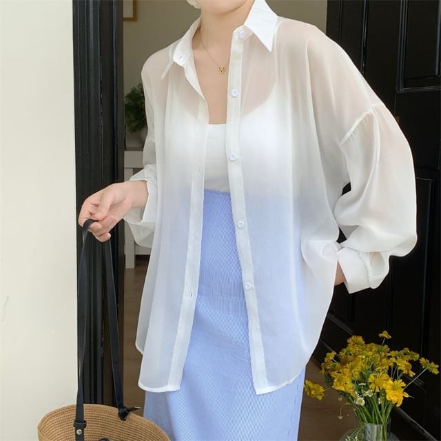 Moon City-Long Sleeve Collared Plain Sheer Shirt