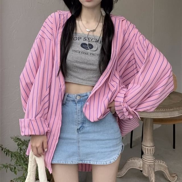 Moon City-Long-Sleeve Collared Striped Oversized Shirt