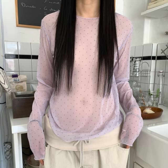 Moon City-Long-Sleeve Crew Neck Micro Dot Mesh Top
