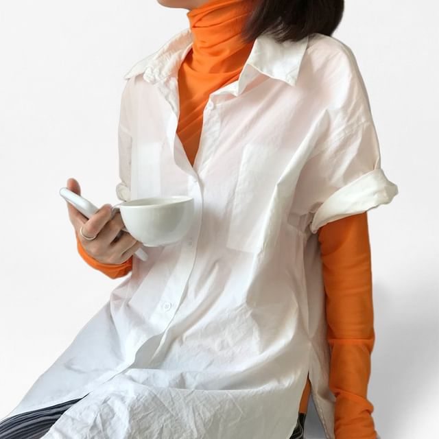 Moon City-Long-Sleeve High Neck Plain Sheer Top