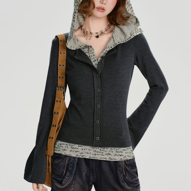 Moon City-Long Sleeve Mock Two Piece Hood Button Top