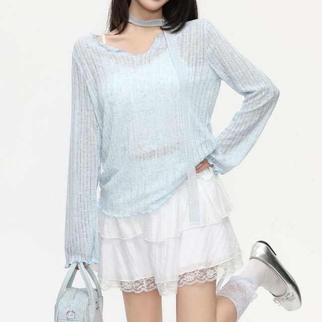 Moon City-Long Sleeve Notch Neck Plain Knit Top
