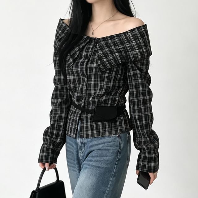 Moon City-Long Sleeve Off Shoulder Plaid Button Up Blouse