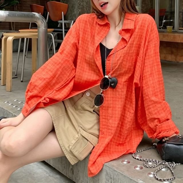 Moon City-Long-Sleeve Plaid Button-Up Shirt
