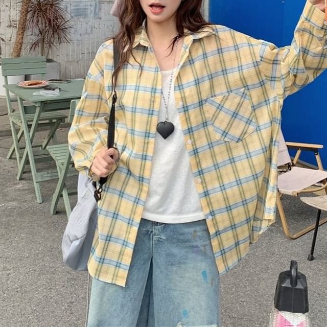 Moon City-Long-Sleeve Plaid Button-Up Shirt