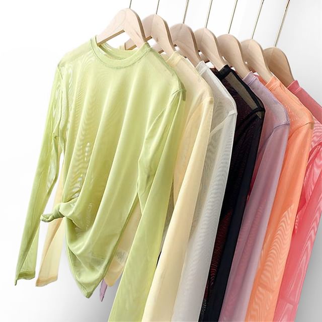Moon City-Long-Sleeve Plain Crew Neck Mesh Top