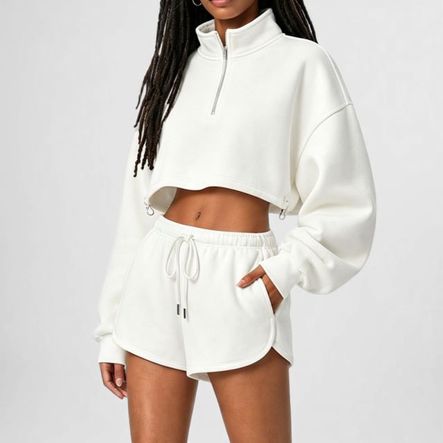 Moon City-Long-Sleeve Plain Half-Zip Crop Pullover Mid Rise Plain Shorts