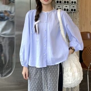 Moon City-Long-Sleeve Round Neck Pinstriped Button Up Blouse