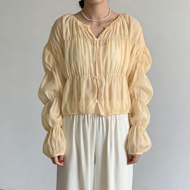 Moon City-Long-Sleeve Round Neck Plain Ruched Button Blouse