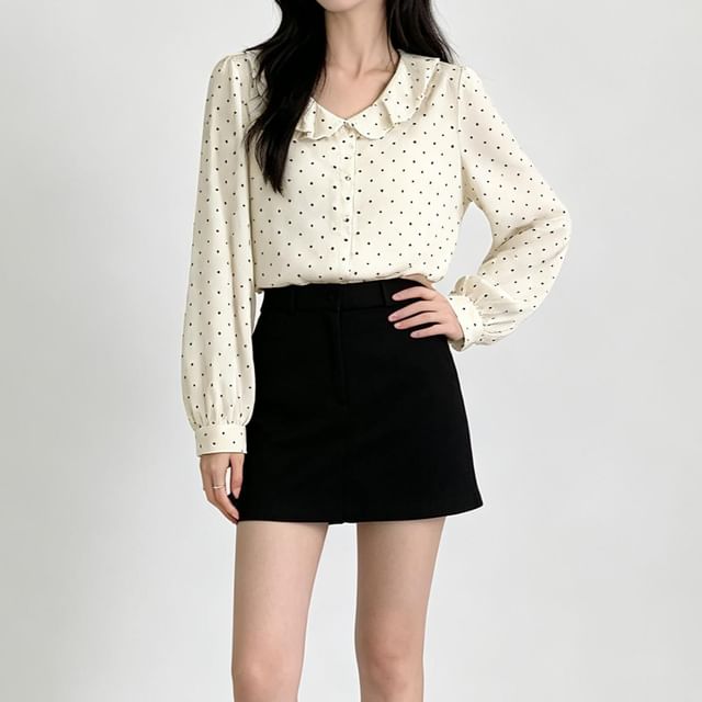 Moon City-Long-Sleeve Ruffle Collar Dotted Button Up Blouse