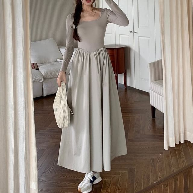 Moon City-Long Sleeve Square Neck Plain Gathered Panel Maxi A-Line Dress