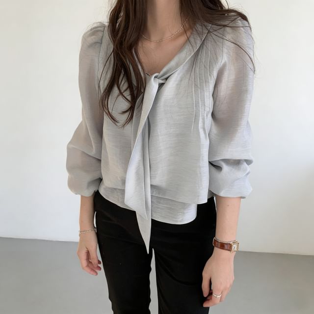Moon City-Long-Sleeve Tie Neck Sheer Plain Blouse